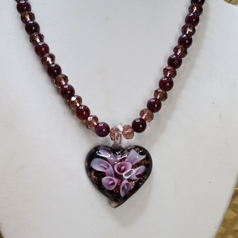 Milfiore Glass Heart Pendant Necklace with Purple Beads